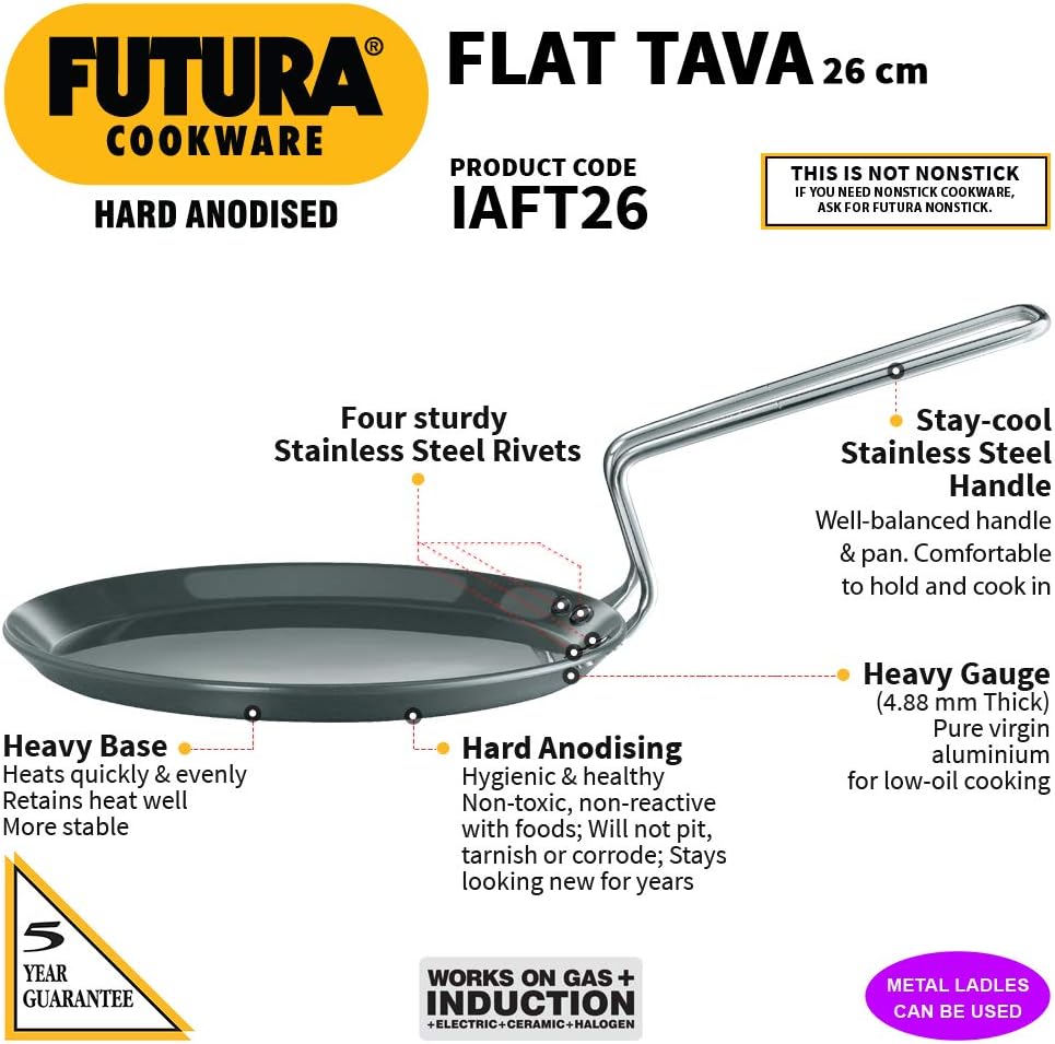 Hawkins Futura Induction Compatible Hard Anodised Flat Tava, 26 cm Diameter, Black
