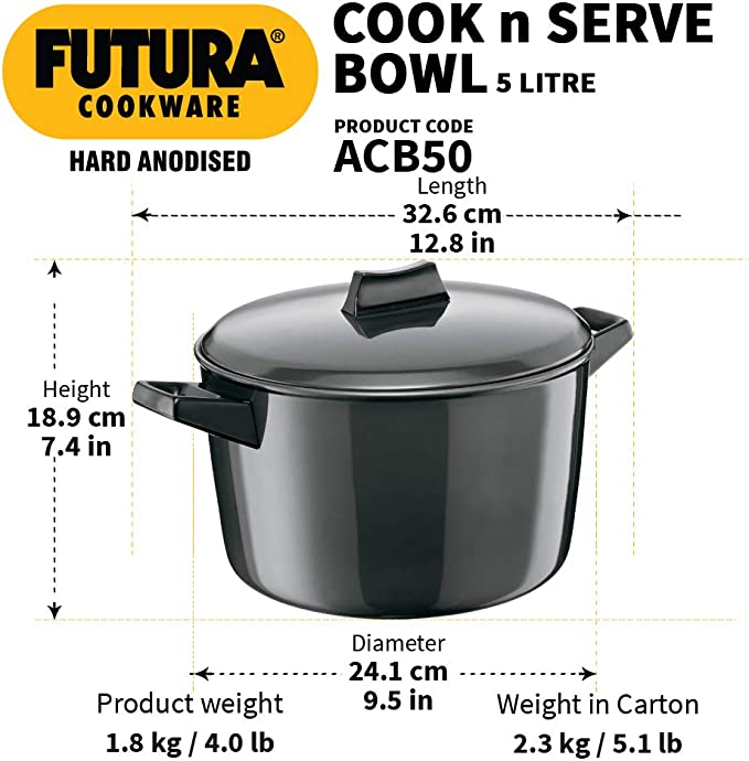 Hawkins Futura Hard Anodised Cook N Serve Bowl with Lid, 5 Litre Capacity