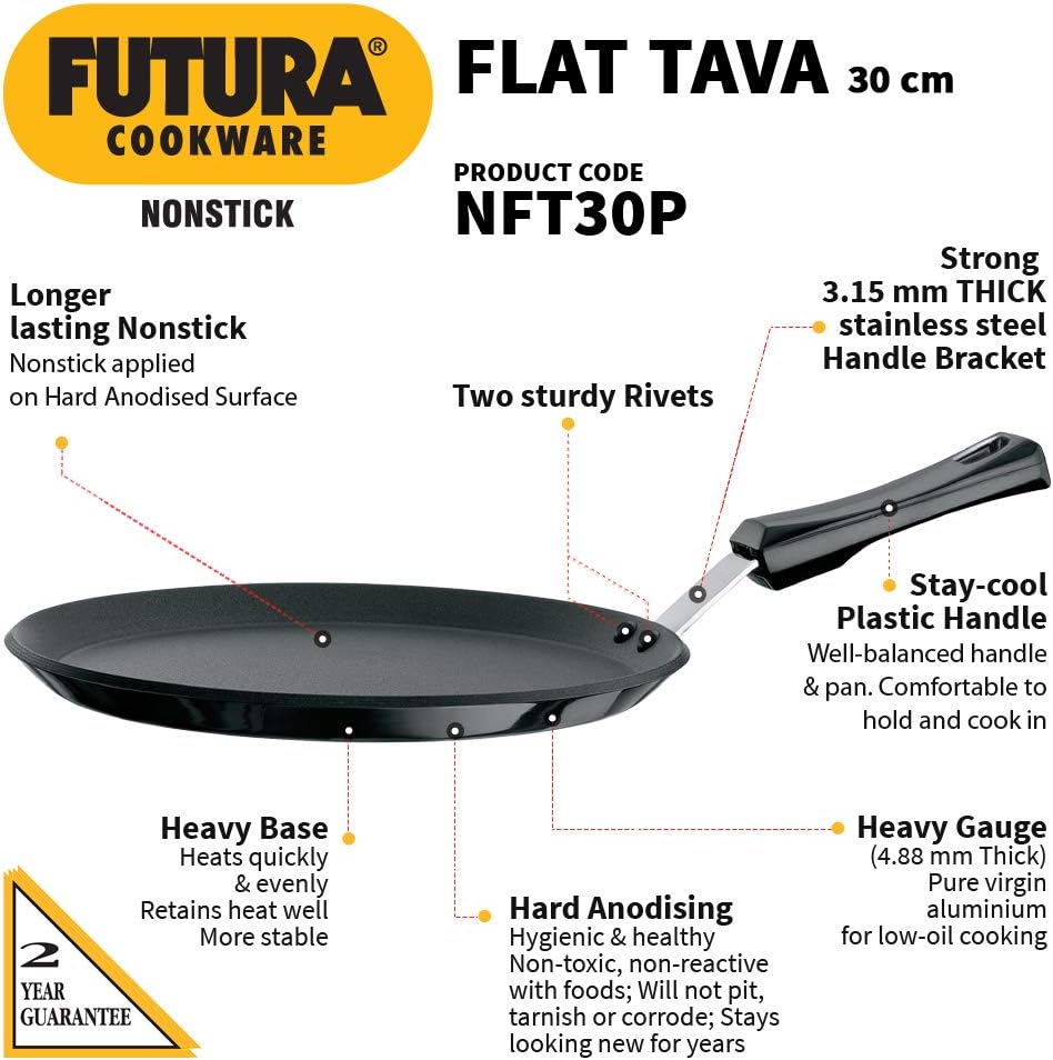 Hawkins Futura Nonstick Flat Tava with Plastic Handle, 30 cm Diameter