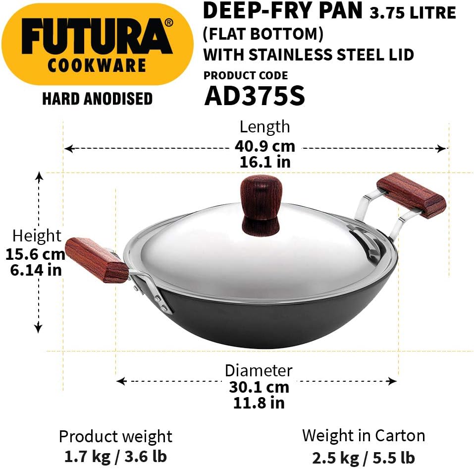 Hawkins 3.75 Litres Futura Hard Anodised Deep-Fry Pan Kadhai with Steel Lid and Flat Bottom