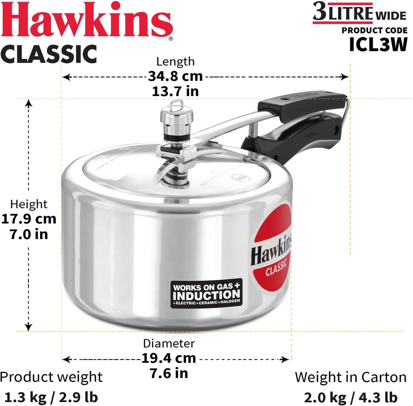 Hawkins Classic 3 liter inner lid aluminum pressure cooker, induction cooker, wide design pan cooker, best cooker, silver (ICL3W)