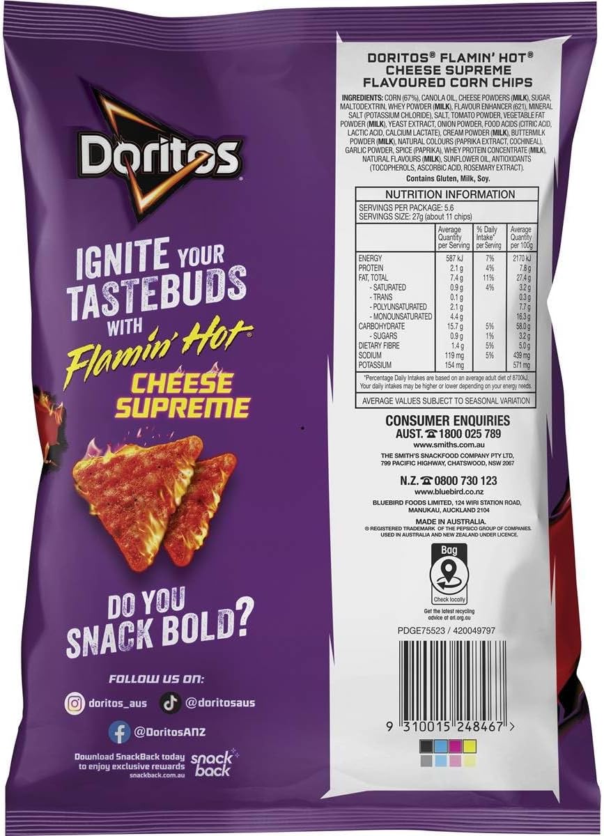Doritos Flamin Hot Cheese Supreme Corn Chips 150 g