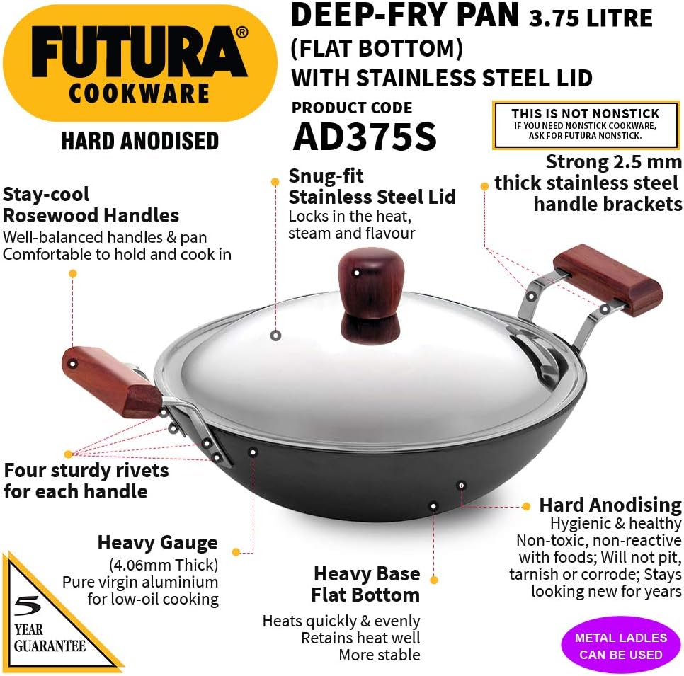 Hawkins 3.75 Litres Futura Hard Anodised Deep-Fry Pan Kadhai with Steel Lid and Flat Bottom