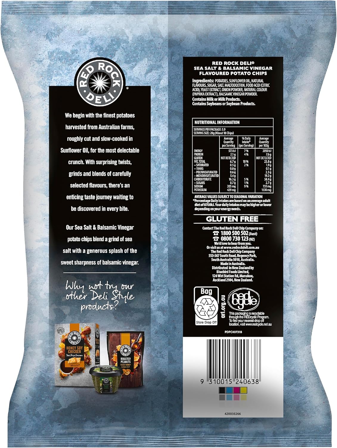 Red Rock Deli Potato Chips Sea Salt & Balsamic Vinegar Share Pack 165G