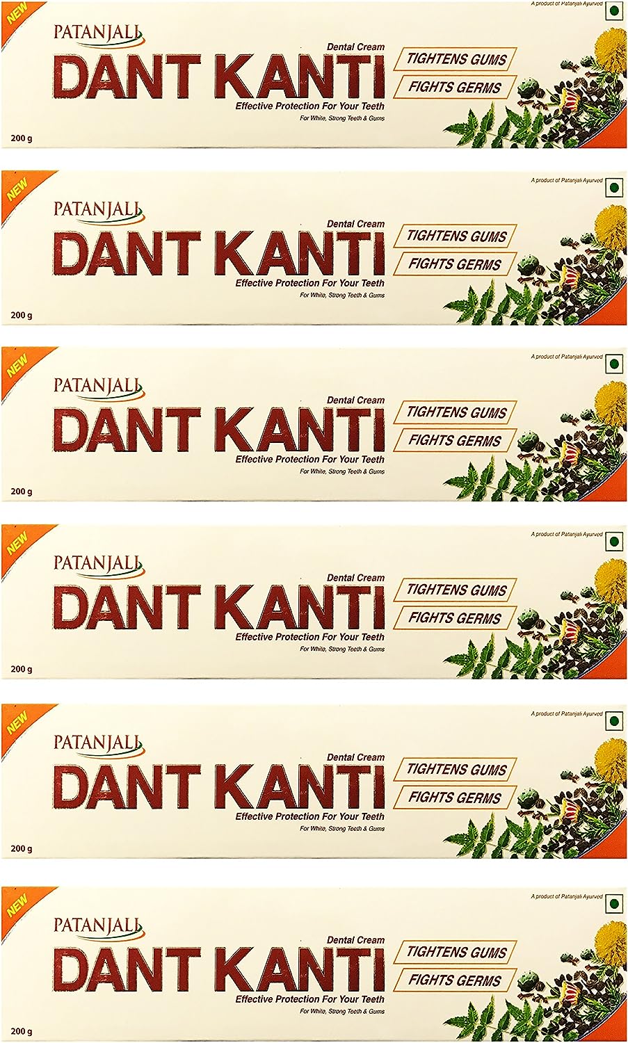 Patanjali Dant Kanti Toothpaste 200 Grams (7 Ounces) Pack of 6