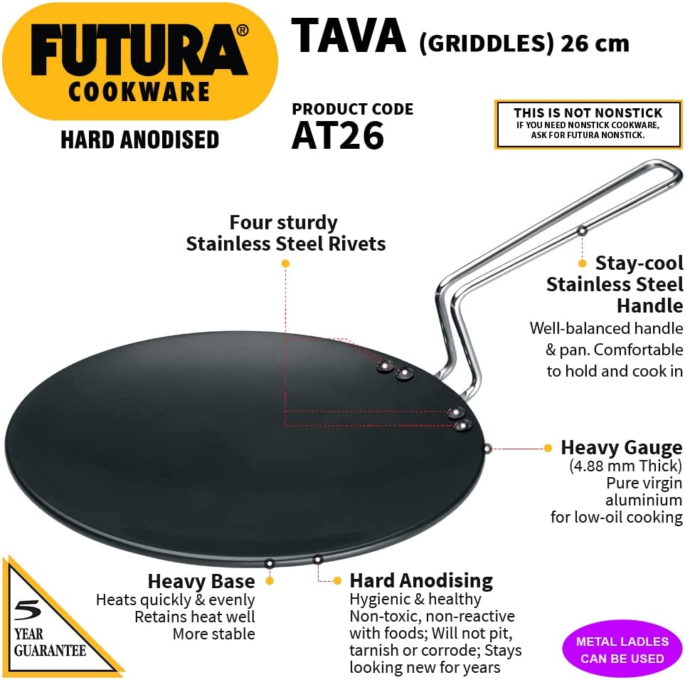 Hawkins Futura Hard Anodised Concave Tava Griddle, 10-Inch, 4.88 with Steel Handle, 26 cm, Black