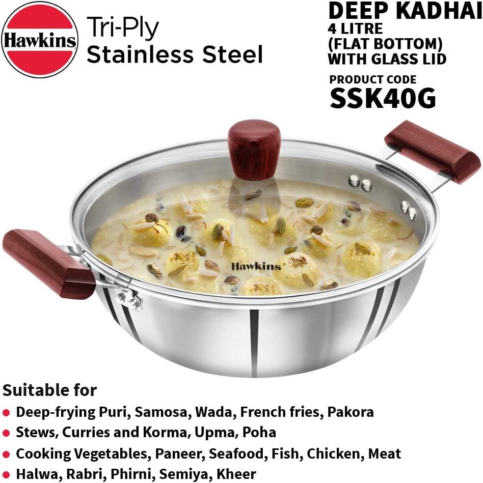 Hawkins Futura Steel Deep Fry Pan with Steel Lid, 4 Litre Capactiy