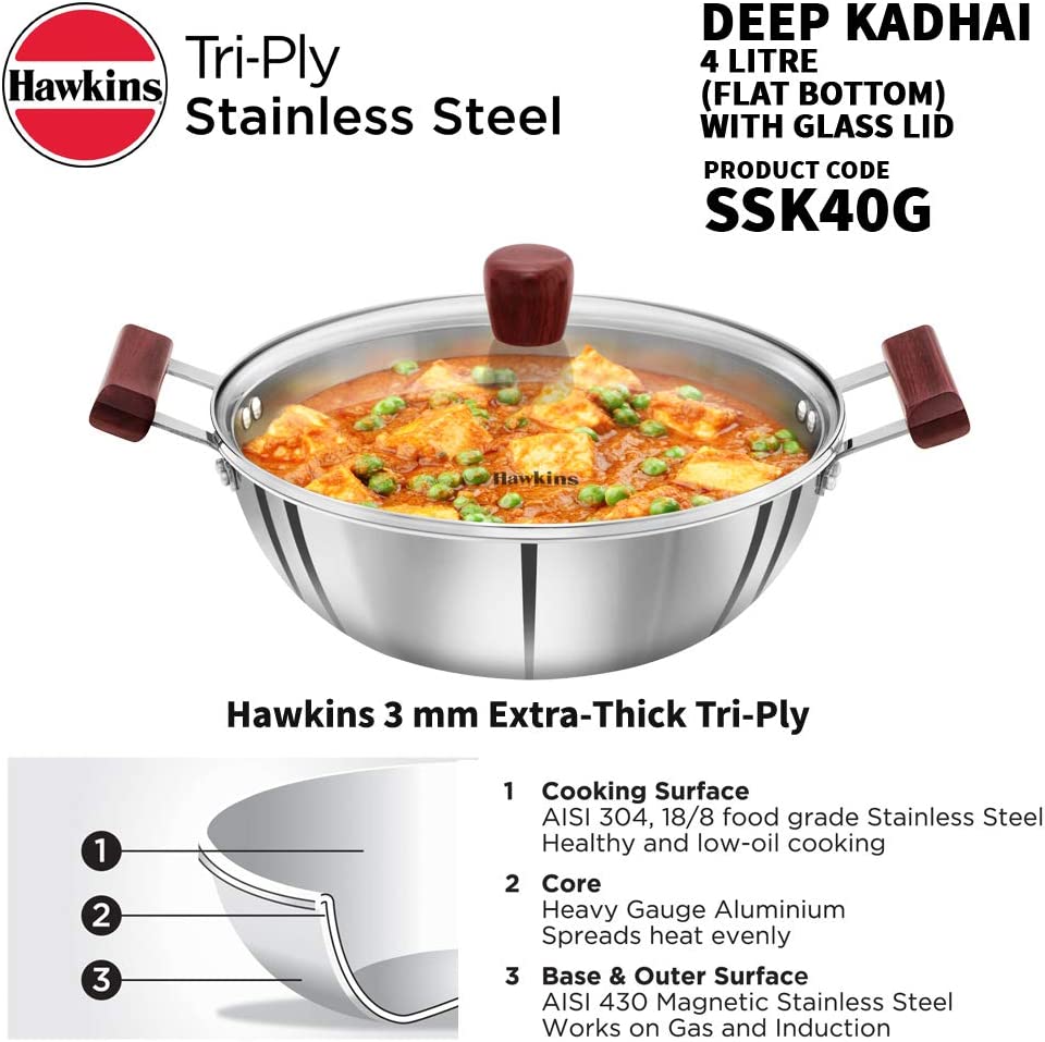 Hawkins Futura Steel Deep Fry Pan with Steel Lid, 4 Litre Capactiy