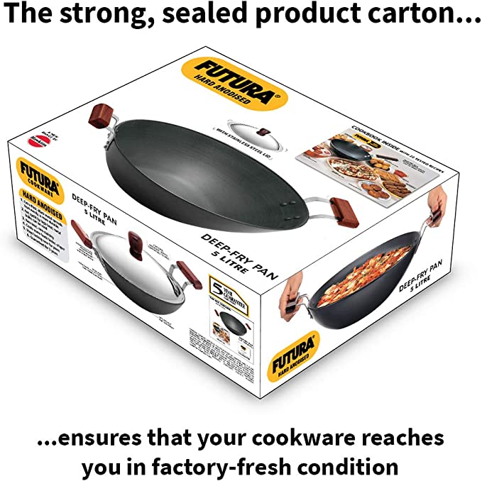 Futura Hard Anodised Flat Bottom Deep Fry Pan 5-Liter / Kadhai with Stainless Steel Lid,