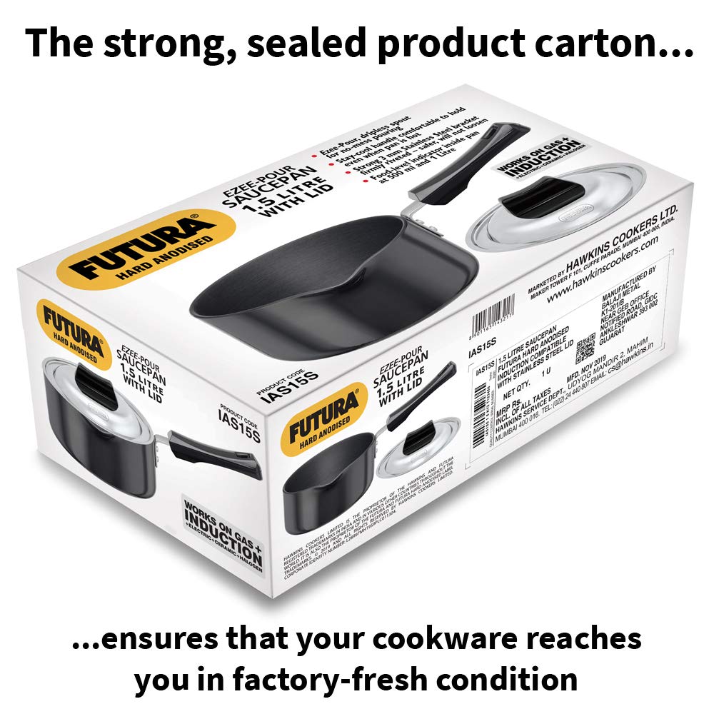 Hawkins Futura 1.5 Litre Saucepan, Hard Anodised Sauce Pan with Stainless Steel Lid, Induction Saucepan, Small Sauce Pan, Black (IAS15S)