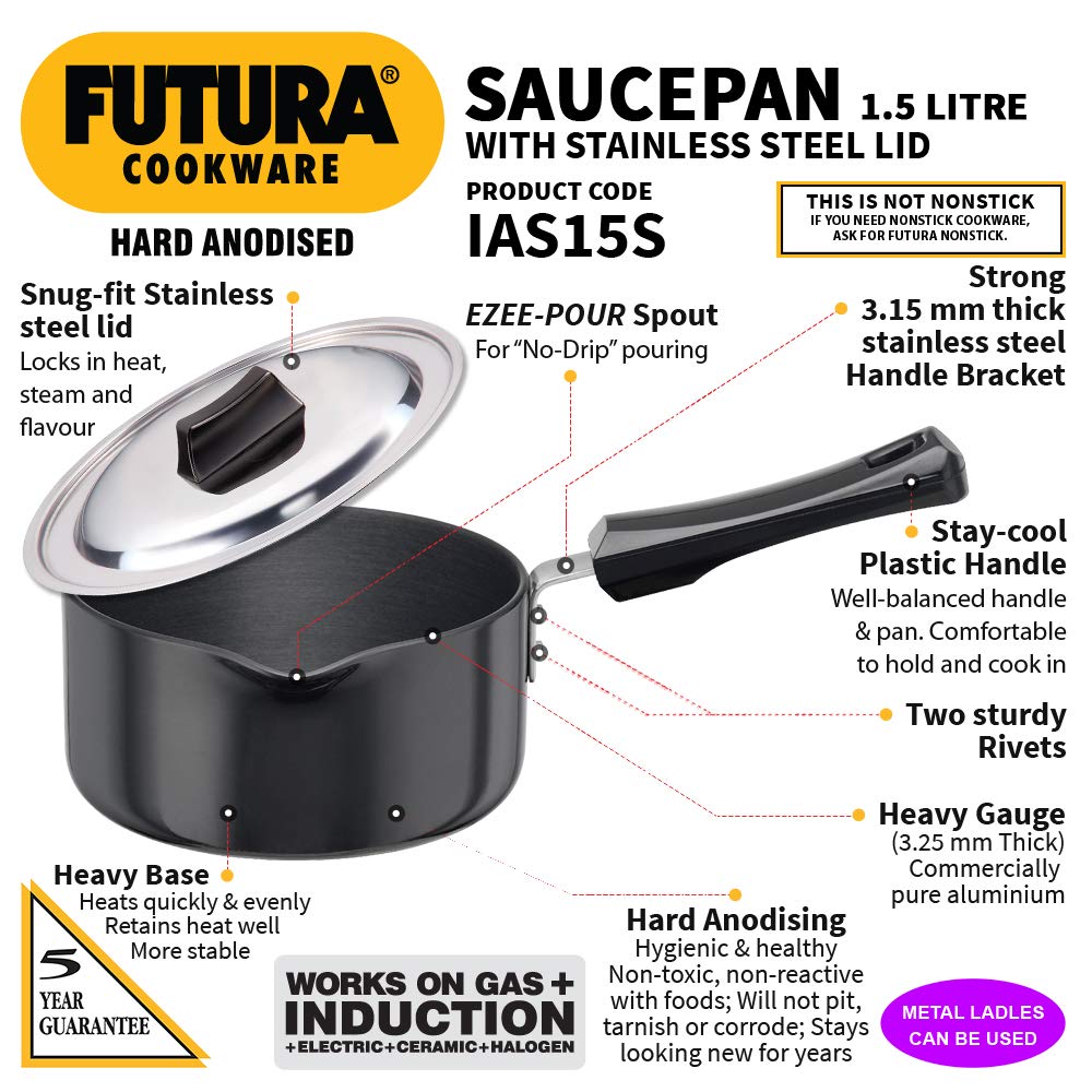 Hawkins Futura 1.5 Litre Saucepan, Hard Anodised Sauce Pan with Stainless Steel Lid, Induction Saucepan, Small Sauce Pan, Black (IAS15S)