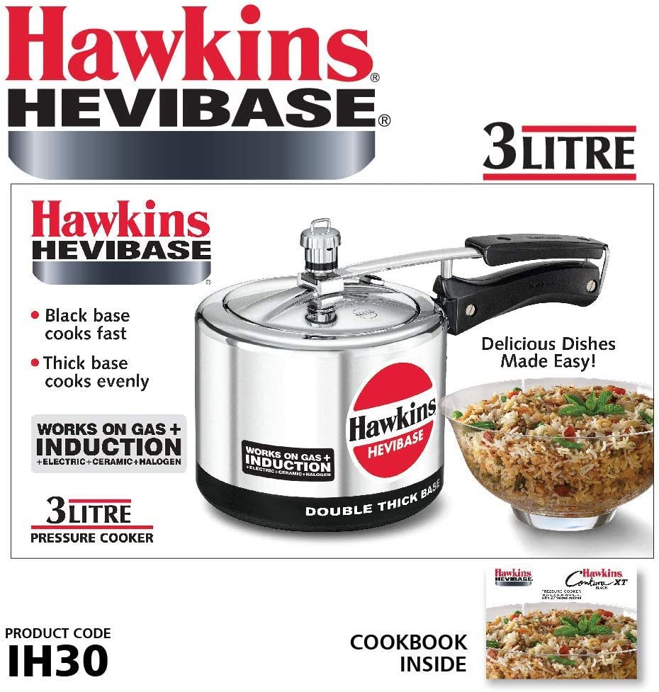 Hawkins Hevibase IH 30 IH30 3-Litre Induction Pressure Cooker, Small, Silver