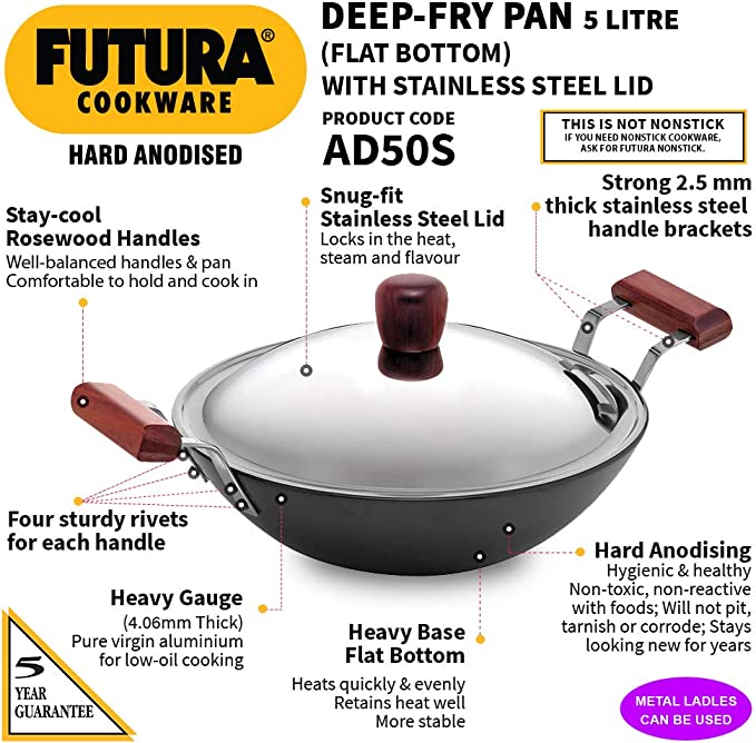 Futura Hard Anodised Flat Bottom Deep Fry Pan 5-Liter / Kadhai with Stainless Steel Lid,
