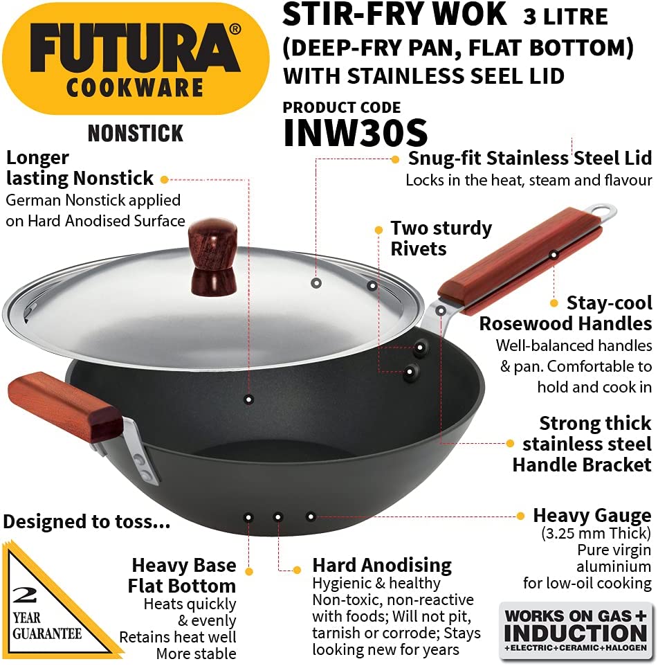 Hawkins Futura 3 L Non-Stick Induction Stir Fry Wok, Medium, Black