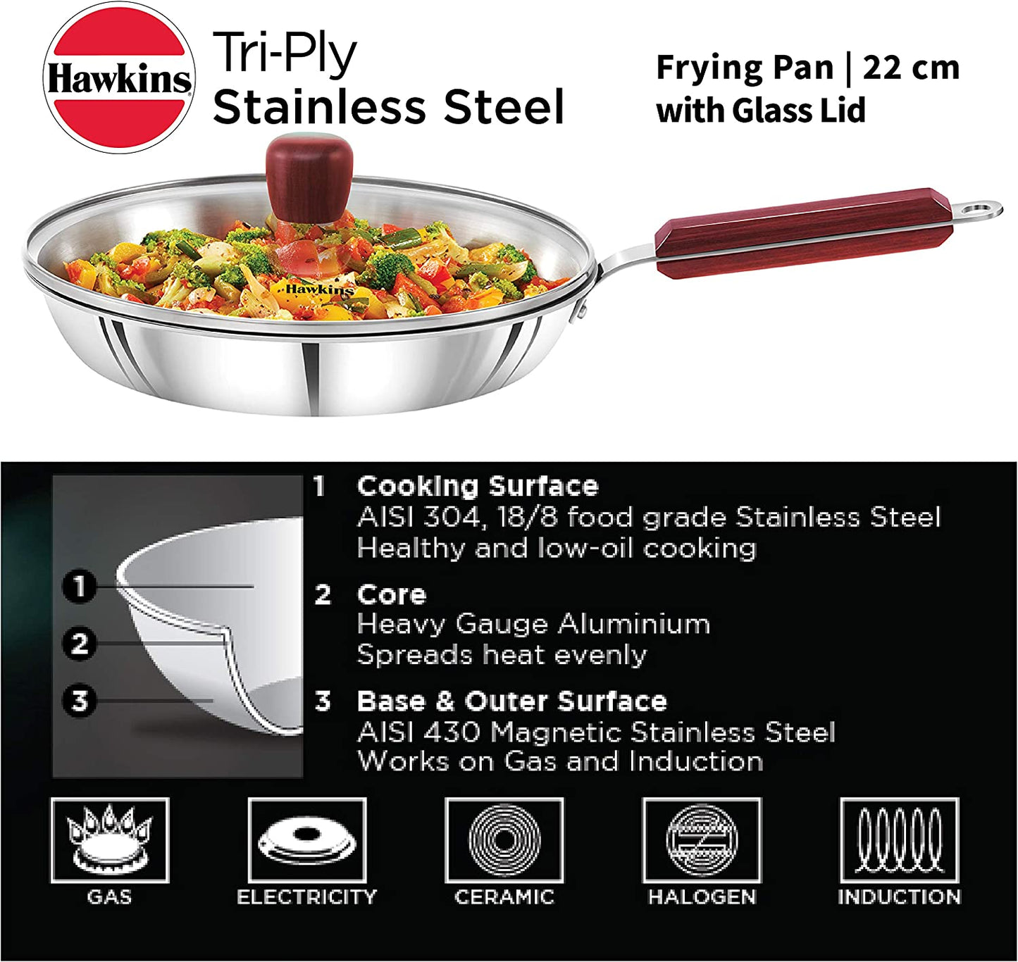 Hawkins - SSF22G Tri-ply Stainless Steel Frying Pan 22 cm with Glass Lid