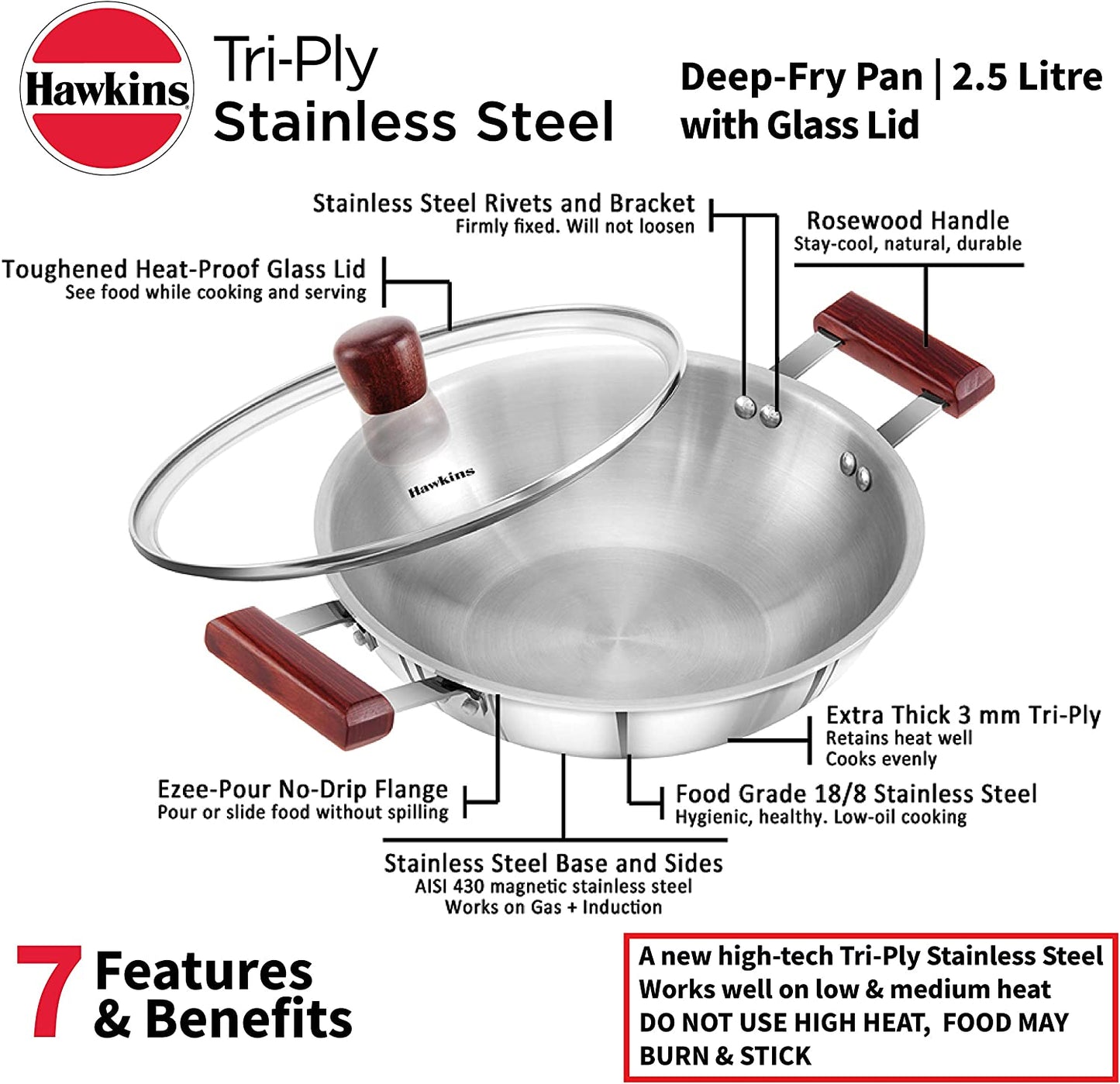 Hawkins Futura Steel Deep Fry Pan with Steel Lid, 2.5 Litre Capactiy SSD25G