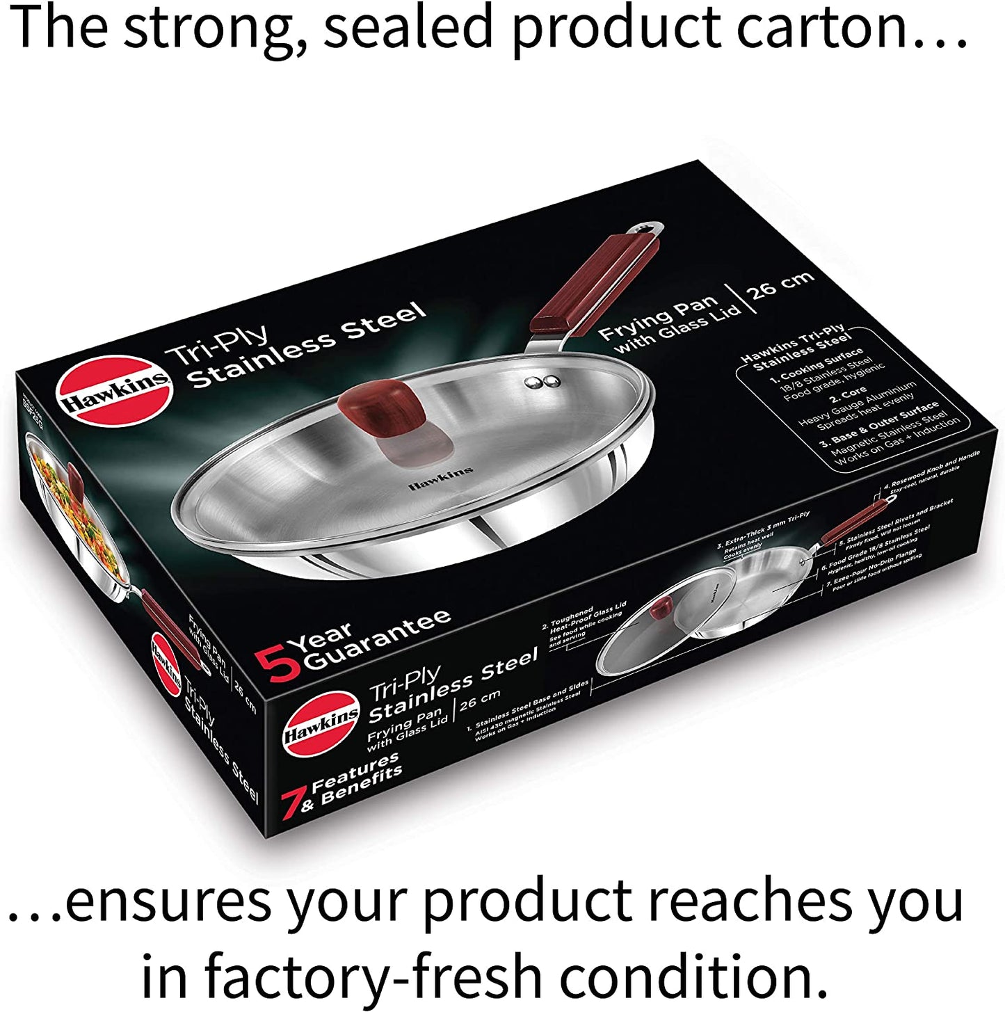 HAWKINS Triply 3 mm Stainless Steel Frying Pan 26 cm with Lid, 1 LTR, Silver (SSF26G)