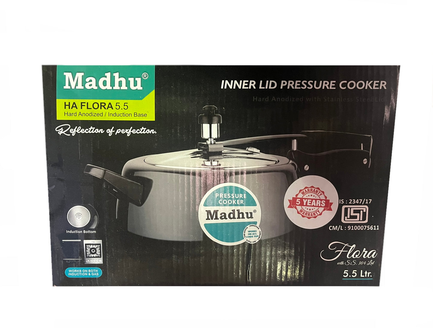 Madhu Flora Shape – Aluminium Pressure Cooker W/ Stainless Steel Lid / Black Hard Anodised Finish-5.5 Ltr. (3.25mm)