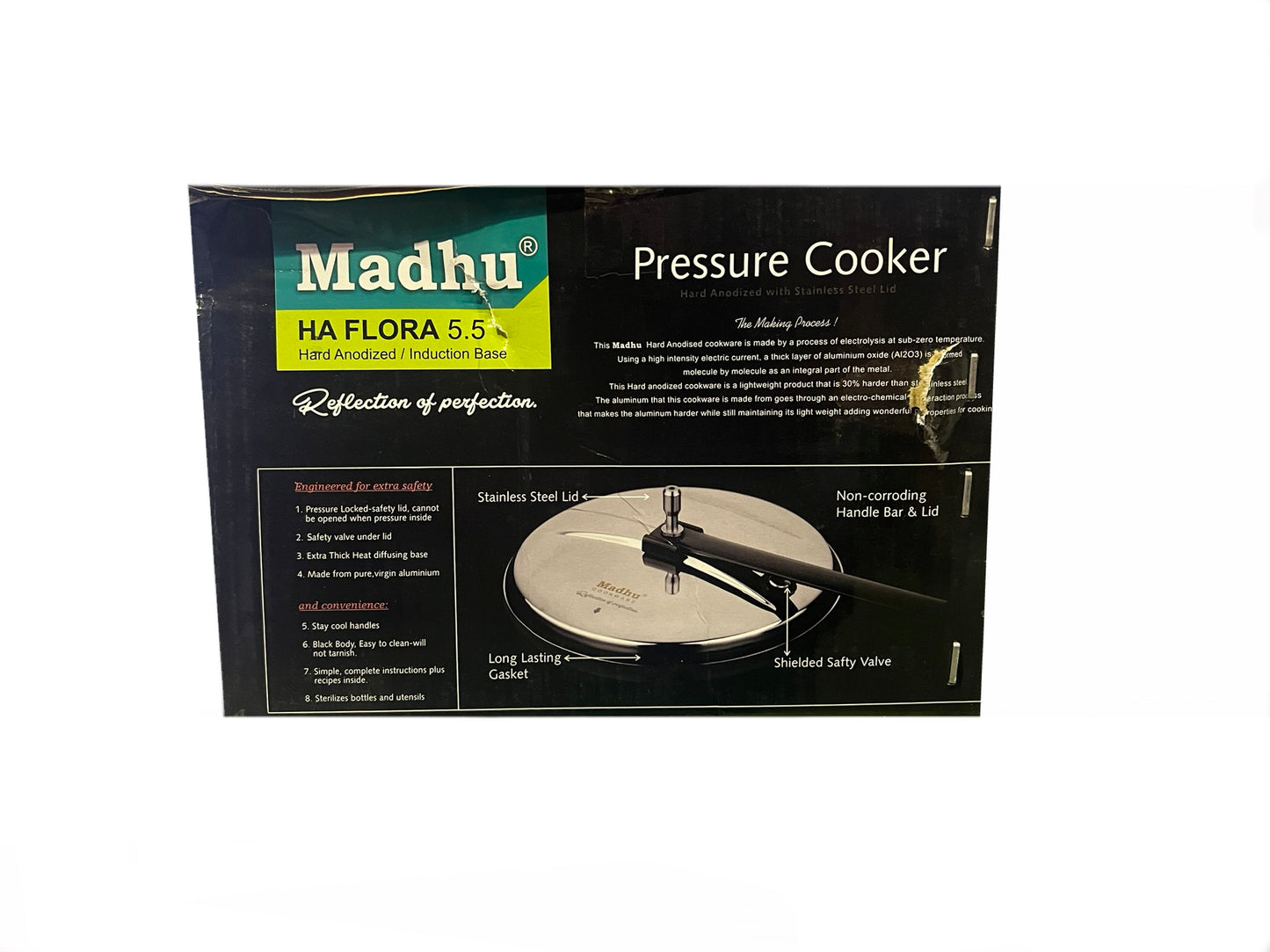 Madhu Flora Shape – Aluminium Pressure Cooker W/ Stainless Steel Lid / Black Hard Anodised Finish-5.5 Ltr. (3.25mm)