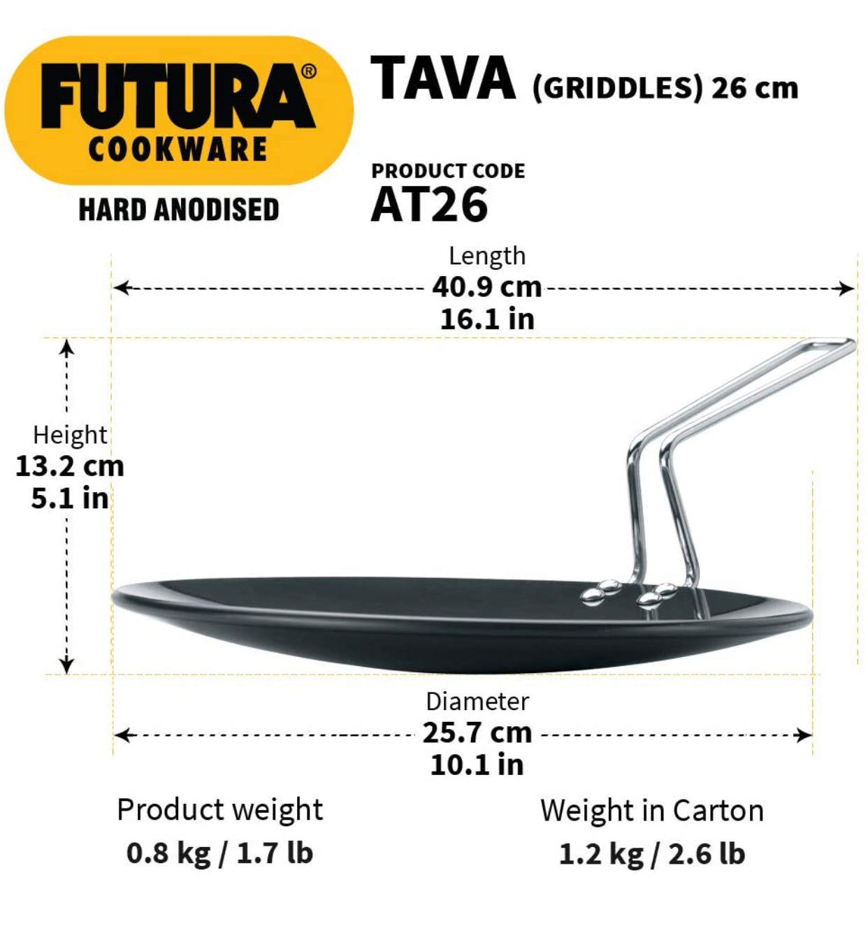 Hawkins Aluminium Futura Hard Anodised Tava, Diameter 26 cm, Thickness 4.88 mm (Black) AT26