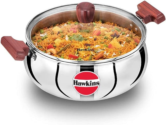 Hawkins Futura Steel Cook N Serve Handi with Glass Lid, 5.0 Litre Capacity