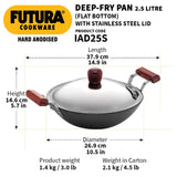 Hawkins Futura 2.5 Litre Deep Fry Pan, Hard Anodised Kadai with Stainless Steel Lid, Flat Bottom Induction Kadhai, Black (IAD25S)