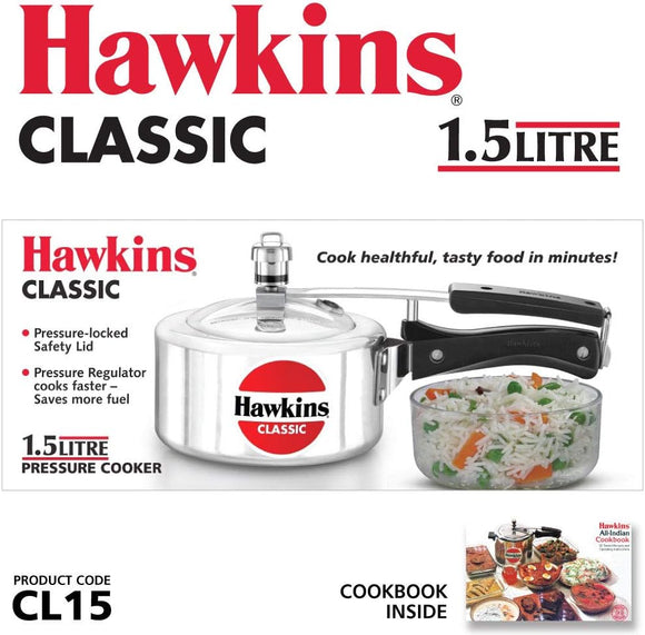 Hawkins Classic Aluminum Pressure Cooker, 1.5 Litre, Silver