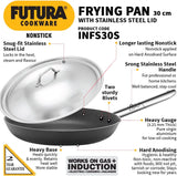 HAWKINS Futura 30 cm Frying Pan, Non Stick Fry Pan with Stainless Steel Handle and Stainless Steel Lid, Induction Frying Pan, Big Frying Pan, Black (INFS30S)