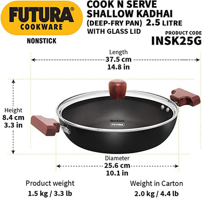 Hawkins Futura 2.5 Litre Shallow Kadhai, Nonstick Kadai with Glass Lid, Flat Bottom Induction Kadhai, Deep Fry Pan, Black (INSK25G)
