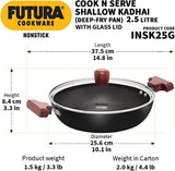 Hawkins Futura 2.5 Litre Shallow Kadhai, Nonstick Kadai with Glass Lid, Flat Bottom Induction Kadhai, Deep Fry Pan, Black (INSK25G)