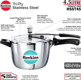 Hawkins 4.5 Litre Triply Stainless Steel Pressure Cooker, Inner Lid Cooker, Silver (HSST45)