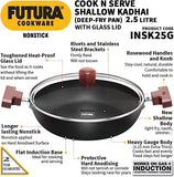 Hawkins Futura 2.5 Litre Shallow Kadhai, Nonstick Kadai with Glass Lid, Flat Bottom Induction Kadhai, Deep Fry Pan, Black (INSK25G)