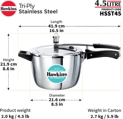Hawkins 4.5 Litre Triply Stainless Steel Pressure Cooker, Inner Lid Cooker, Silver (HSST45)