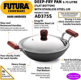 Hawkins 3.75 Litres Futura Hard Anodised Deep-Fry Pan Kadhai with Steel Lid and Flat Bottom