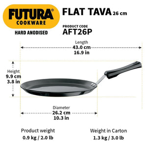 Hawkins (AFT26P) Futura Aluminium Hard Anodised Flat Tava WITH PLASTIC HANDLE, Diameter 26 cm, Thickness 4.88 mm, Black (AFT26P)