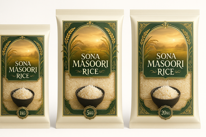 Sona Masoori Rice in 1kg, 5kg, and 20kg sizes