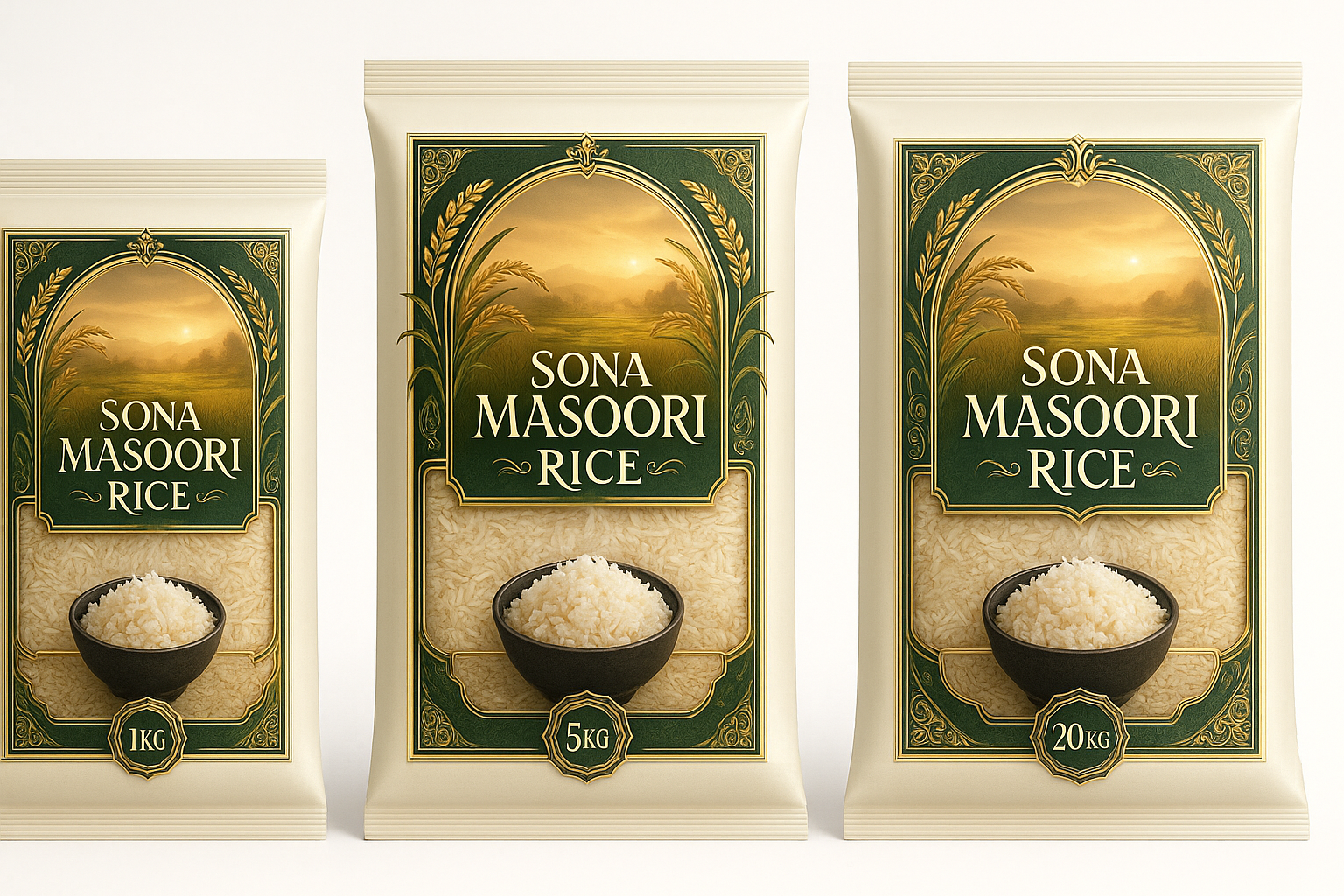 Sona Masoori Rice in 1kg, 5kg, and 20kg sizes
