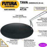 Hawkins Futura Hard Anodised Concave Tava Griddle, 10-Inch, 4.88 with Steel Handle, 26 cm, Black