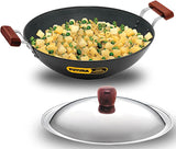 Futura  Hard Anodised Flat Bottom Deep Fry Pan 5-Liter / Kadhai with Stainless Steel Lid,