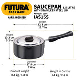 Hawkins Futura 1.5 Litre Saucepan, Hard Anodised Sauce Pan with Stainless Steel Lid, Induction Saucepan, Small Sauce Pan, Black (IAS15S)