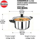 Hawkins Futura Steel Cook N Serve Casserole with Glass Lid, 4 Litre Capacity