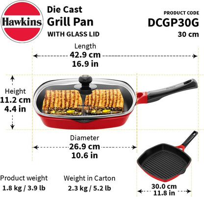 Hawkins Futura Die-Cast Grill Pan with Glass Lid, 30 cm Diameter