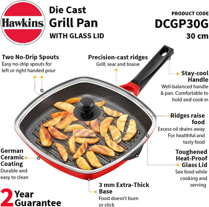 Hawkins Futura Die-Cast Grill Pan with Glass Lid, 30 cm Diameter