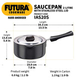 Futura Hard Anodised Ezee Pour Saucepan 2L, 18 cm, 3.25 mm with SS Lid and Induction Compatible Base