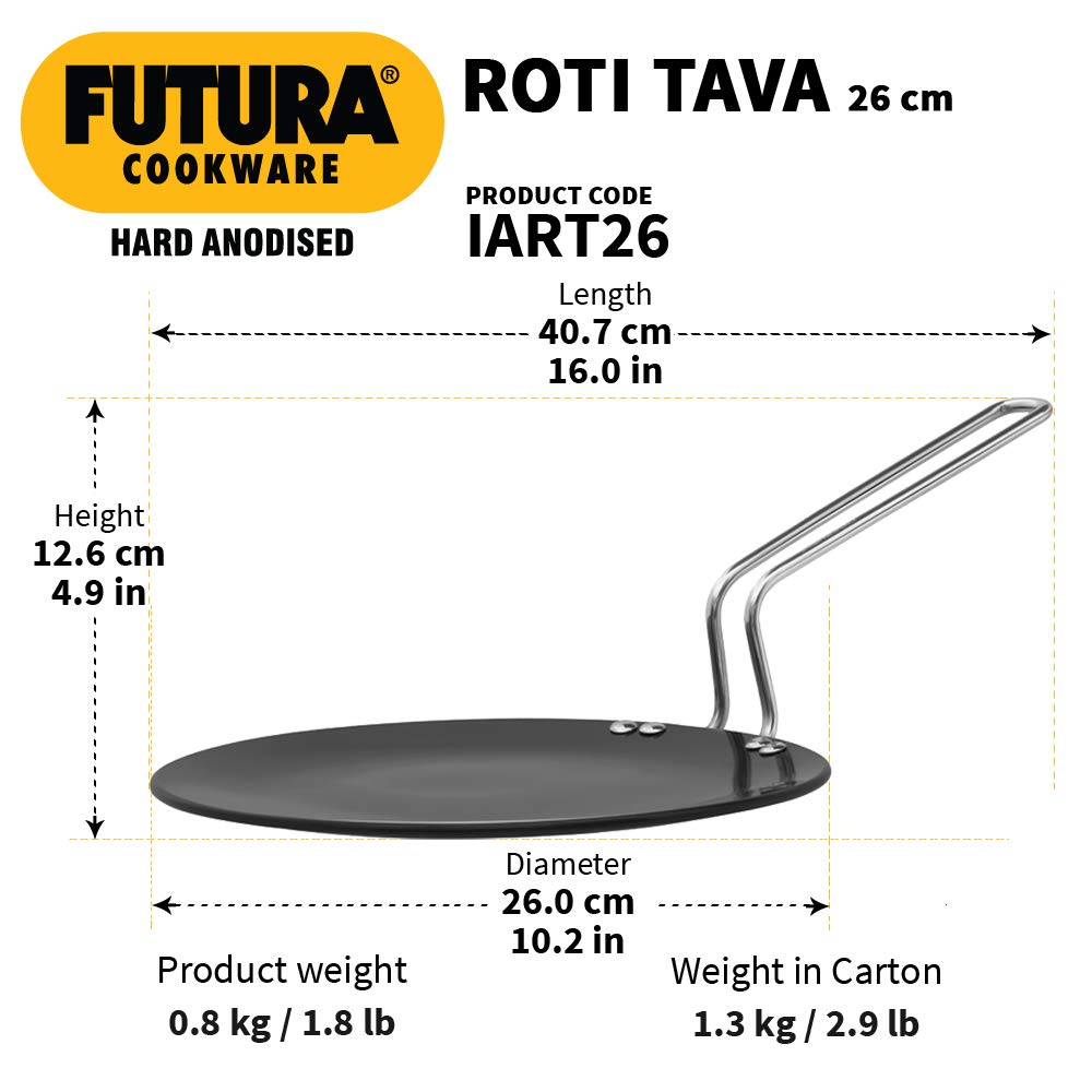 Hawkins Futura Hard Anodised Flat Tawa With Plastic Handle, 26cm, Thic