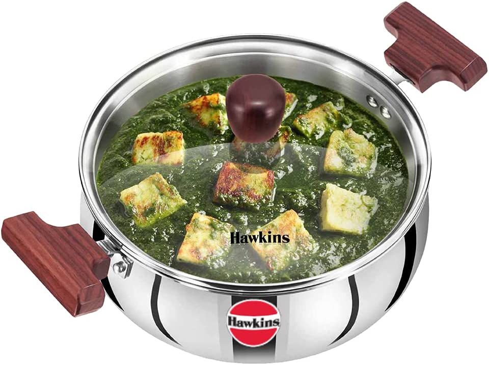 Hawkins Futura Steel Cook N Serve Handi with Glass Lid, 3.0 Litre Capacity