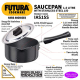 Hawkins Futura 1.5 Litre Saucepan, Hard Anodised Sauce Pan with Stainless Steel Lid, Induction Saucepan, Small Sauce Pan, Black (IAS15S)