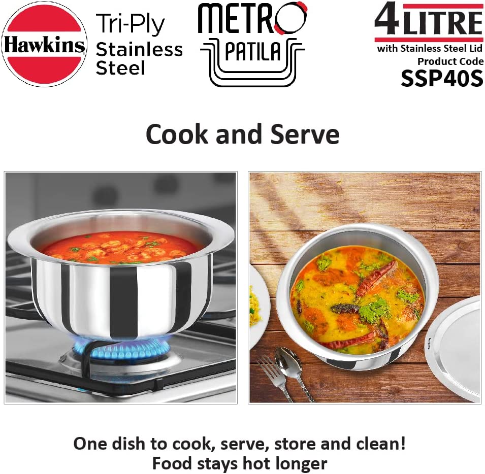 Hawkins 4 Litre Metro Patila, Triply Stainless Steel Tope with Stainless Steel Lid, Induction Bhagona, Tapeli, Silver (SSP40S)