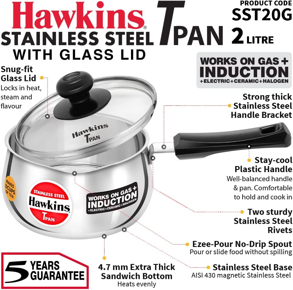 Hawkins Futura Steel Pan with Glass Lid, 2.0 Litre Capactiy, Silver