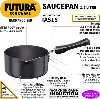Hawkins Futura Hard Anodised Induction Compatible Ezeepour Saucepan 1.5 L, 16 cm, 3.25 mm